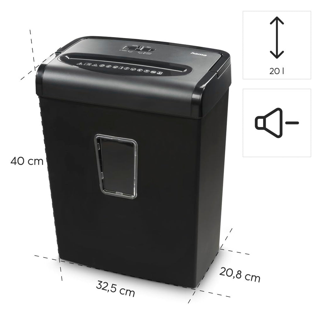 Hama Aktenvernichter Einzug Aktenvernichter professionell Home Office (Partikelschnitt, Schredder, elektrisch, 8 Blatt Papier, Kunststoff Schredder, 20 Liter Papierkorb, Sicherheitsstufe 5 DSGVO)