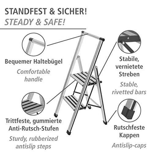 WENKO Leichte Aluminium Trittleiter mit 2 Stufen für 50 cm höheren Stand, rutschsichere XXL-Stufen, Design Klapptrittleiter, TÜV Süd Zertifiziert, 44 x 101 x 5,5 cm, Silber matt