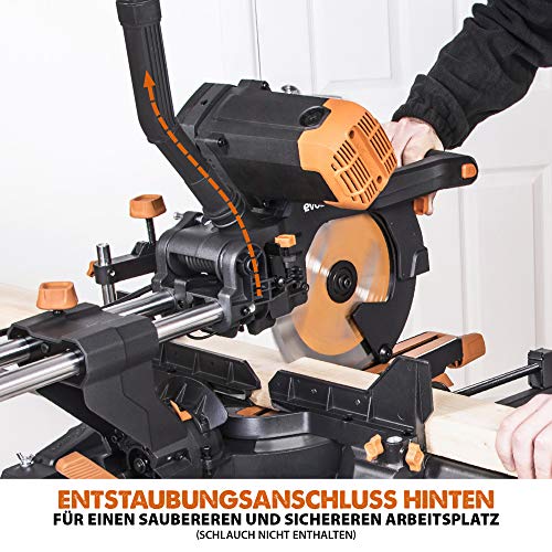 Evolution Doppelgehrungssäge Schiebe-Kapp- und Gehrungssäge R255SMS-DB+ | 2000 W, 300 mm Gleitfunktionalität, Schrägschnitt, Gehrungswinkeln | Ø 255 mm HM / TCT Sägeblatt für Multimaterialschnitt