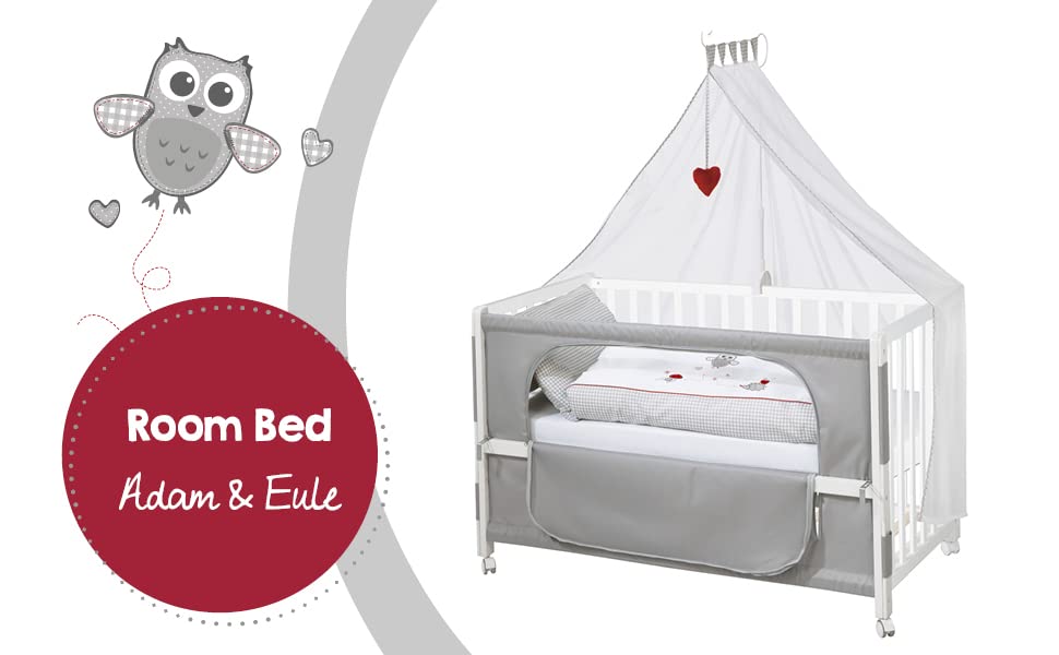 roba Beistellbett 60 x 120 cm - Adam & Eule Room Bed - Babybett zum Anstellen an Elternbett - Inklusive Matratze, Bettwäsche, Himmel - Mobil & Höhenverstellbar - Holz weiß