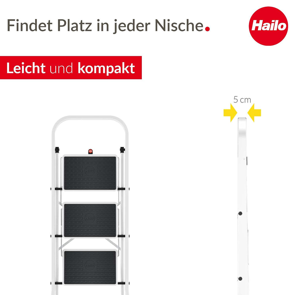 Hailo HobbyStep Stahl-Klapptritt-Leiter - 3 breite Stahl-Stufen mit Anti-Rutsch-Matten belastbar bis 150 kg - Trittleiter mit Klappsicherung - geriffelter ganzflächig aufstehender Steckfuß - weiß