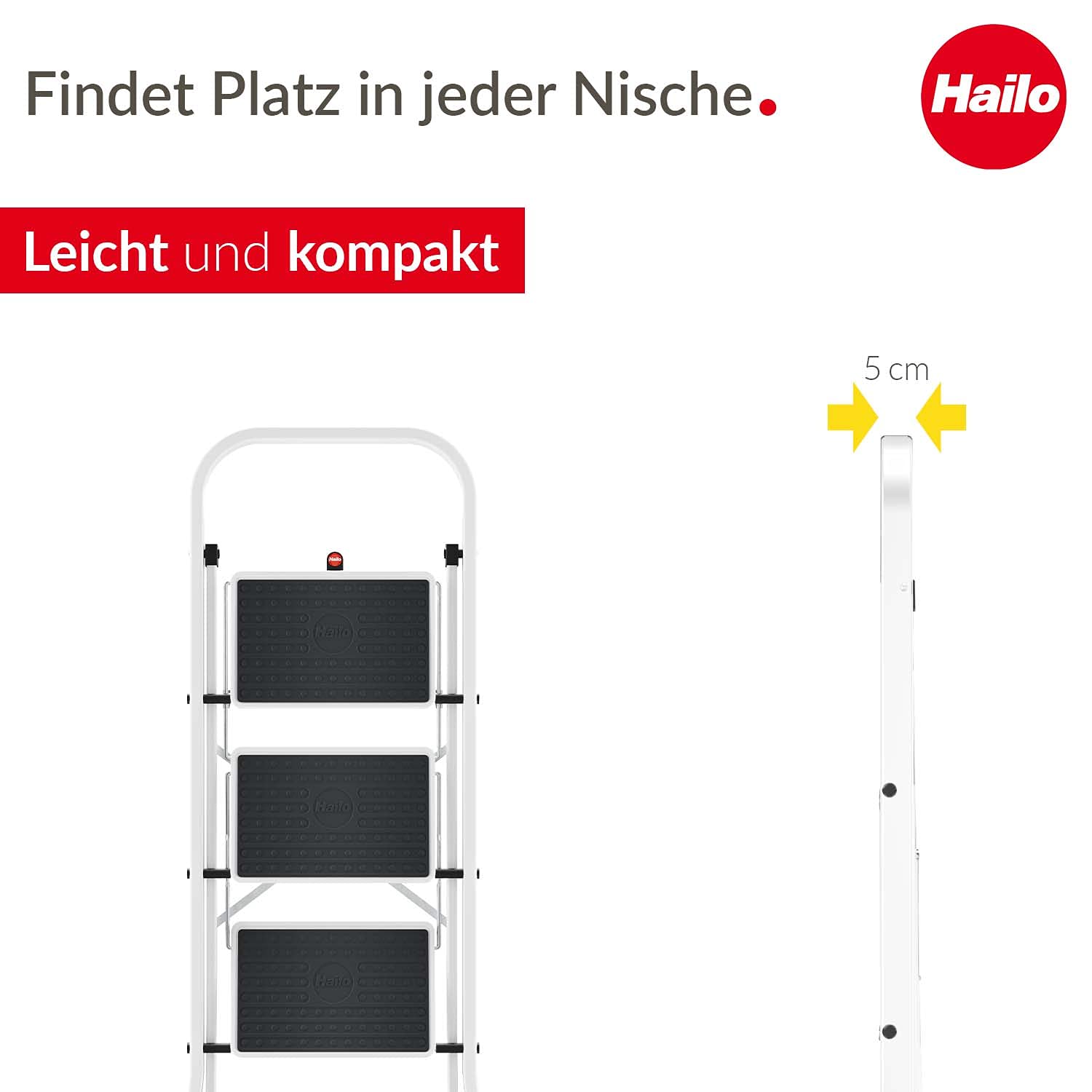 Hailo HobbyStep Stahl-Klapptritt-Leiter - 3 breite Stahl-Stufen mit Anti-Rutsch-Matten belastbar bis 150 kg - Trittleiter mit Klappsicherung - geriffelter ganzflächig aufstehender Steckfuß - weiß
