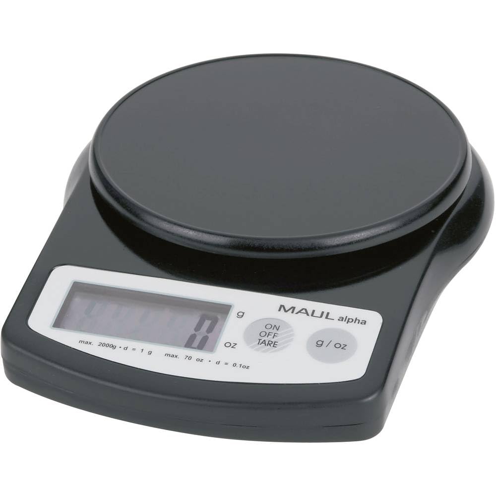 MAUL Briefwaage MAULalpha 18,8 x 14,1 x 3,7 cm | Stabile Waage bis 2kg | Große Wiegefläche Ø 12,4 cm | Automatische Nullstellung und Abschaltautomatik | Inklusive Batterien | Schwarz