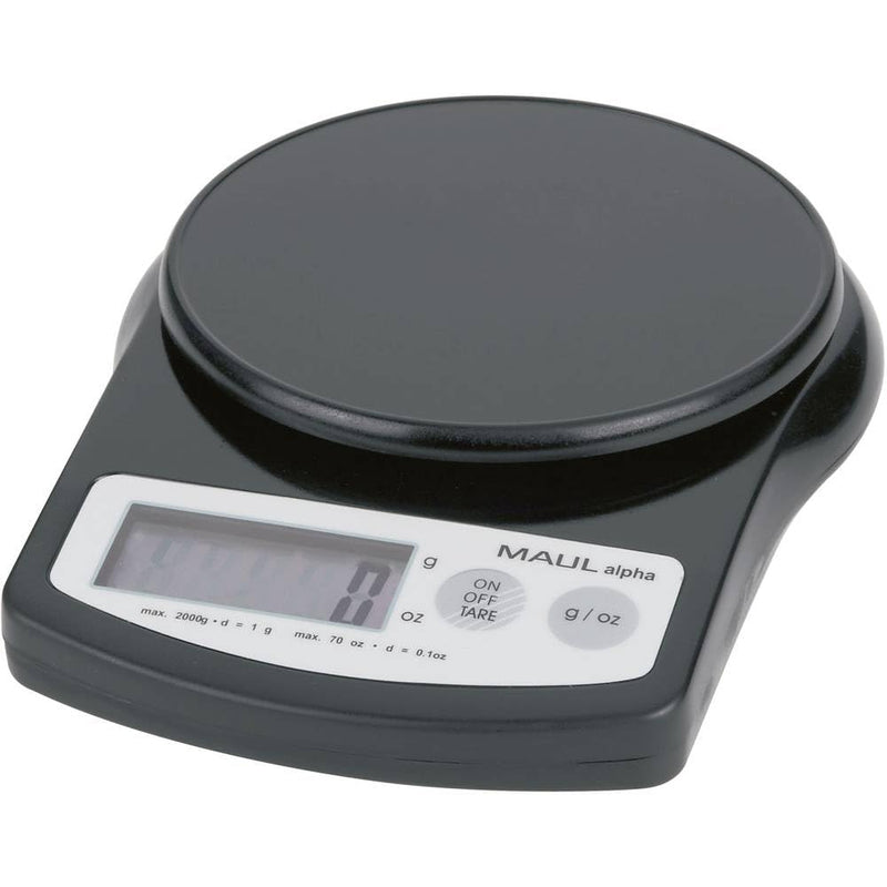 MAUL Briefwaage MAULalpha 18,8 x 14,1 x 3,7 cm | Stabile Waage bis 2kg | Große Wiegefläche Ø 12,4 cm | Automatische Nullstellung und Abschaltautomatik | Inklusive Batterien | Schwarz