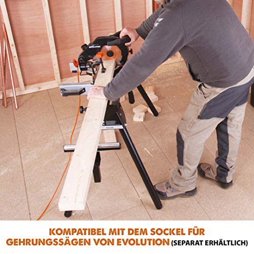 Evolution Gehrungssäge R210CMS | 1200 W Gehrungssäge | Inkl. Ø 210 mm HM-Sägeblatt Multi-Material-Schneiden Holz, Aluminium, Stahl, Kunststoff | 0°- 45° Fase und 45°- 45° Gehrungswinkel | Kappsäge