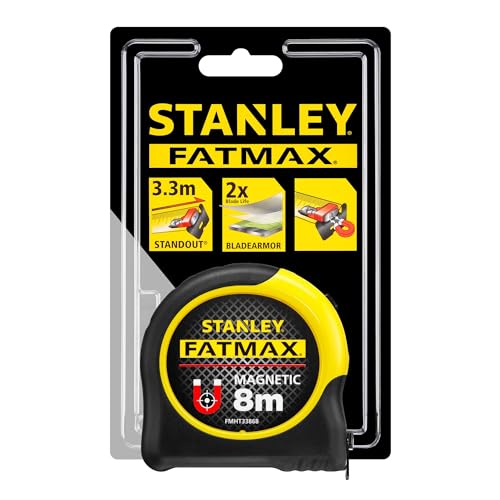 Stanley FatMax Bandmaß Blade Armor, Magnethaken (8 m Länge, Feststeller, automatischer Rücklauf, Gürtelclip) FMHT0-33868