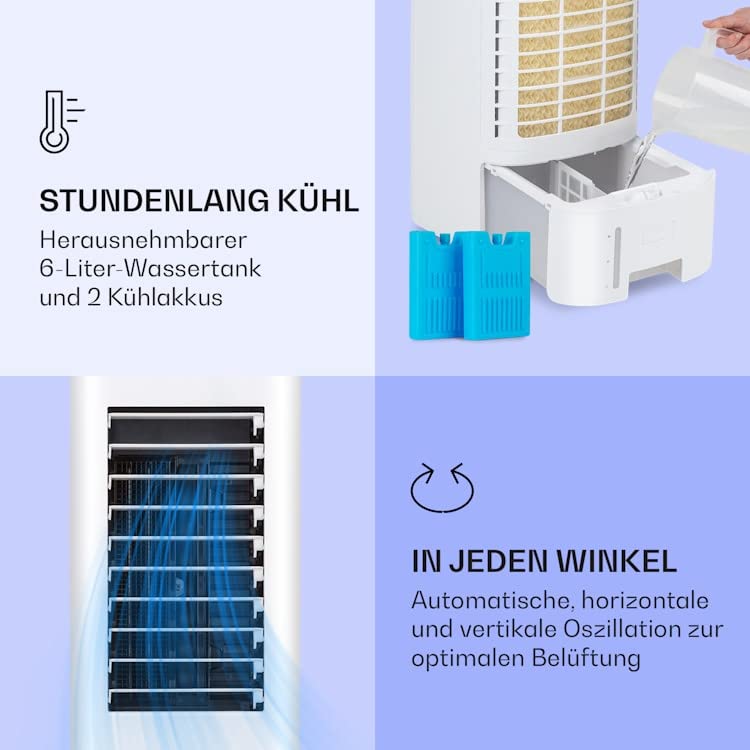 Klarstein Luftkühler mit Wasserkühlung, Leiser 4-in-1 Verdunstungskühler, Luftbefeuchter, Ventilator & Nachtmodus, Mobile Klimageräte Luftkühler, 60W Air Cooler, 330m³/h Kühlender Luftstrom
