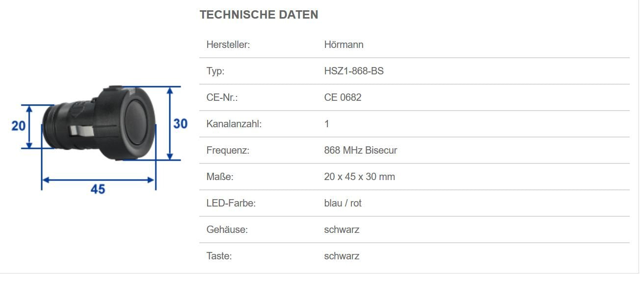 Hörmann Handsender HSZ1 868-BS, praktischer 1-Tasten-Garagentoröffner, Funkfernbedienung mit BiSecur-Funktechnik, schwarz, Art.-Nr. 436779