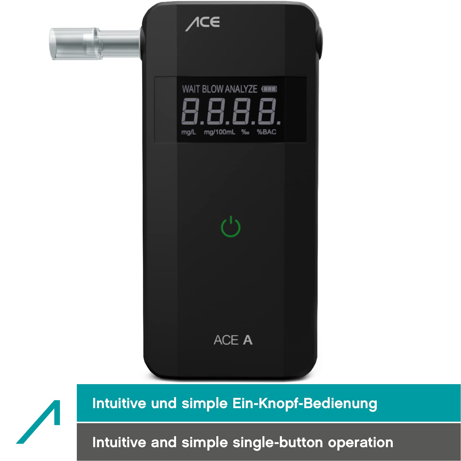 ACE A Alkotester - digitaler Alkohol-/Promilletester - Alkoholtester mit elektrochemischem Sensor und 1-Knopf-Bedienung, Schwarz