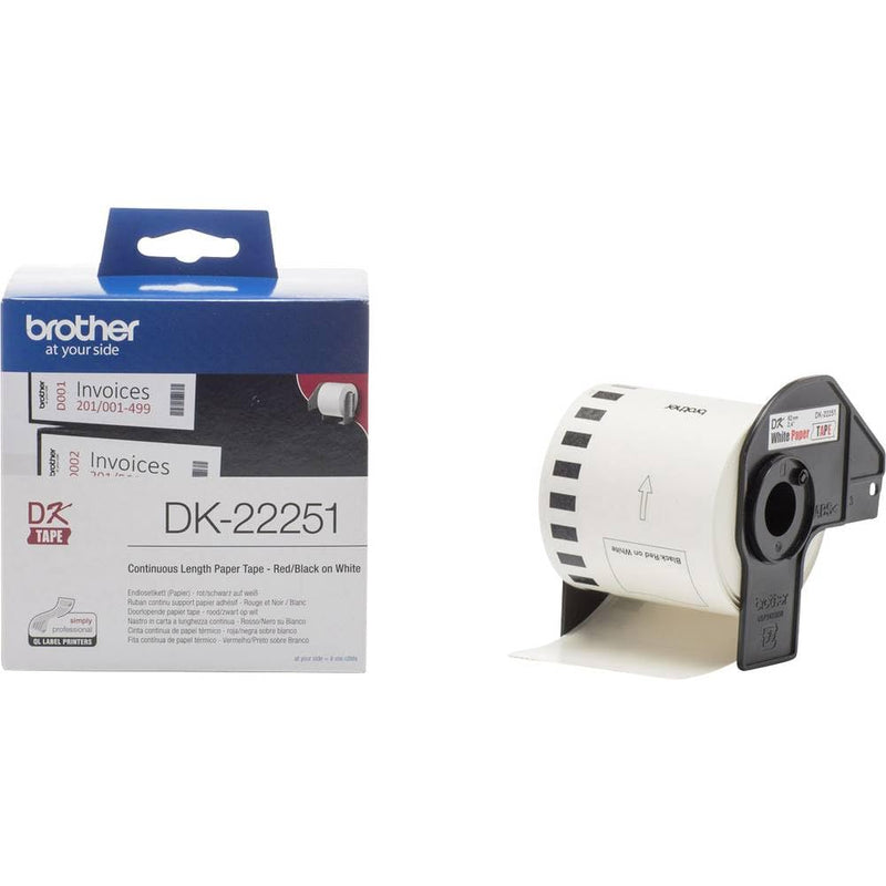 Brother DK-22251 selbstklebende Endlosetiketten (62 mm x 15,24 m, geeignet für QL-800, QL-810W, QL-820NWB) rot/schwarz auf weiß (Papier)