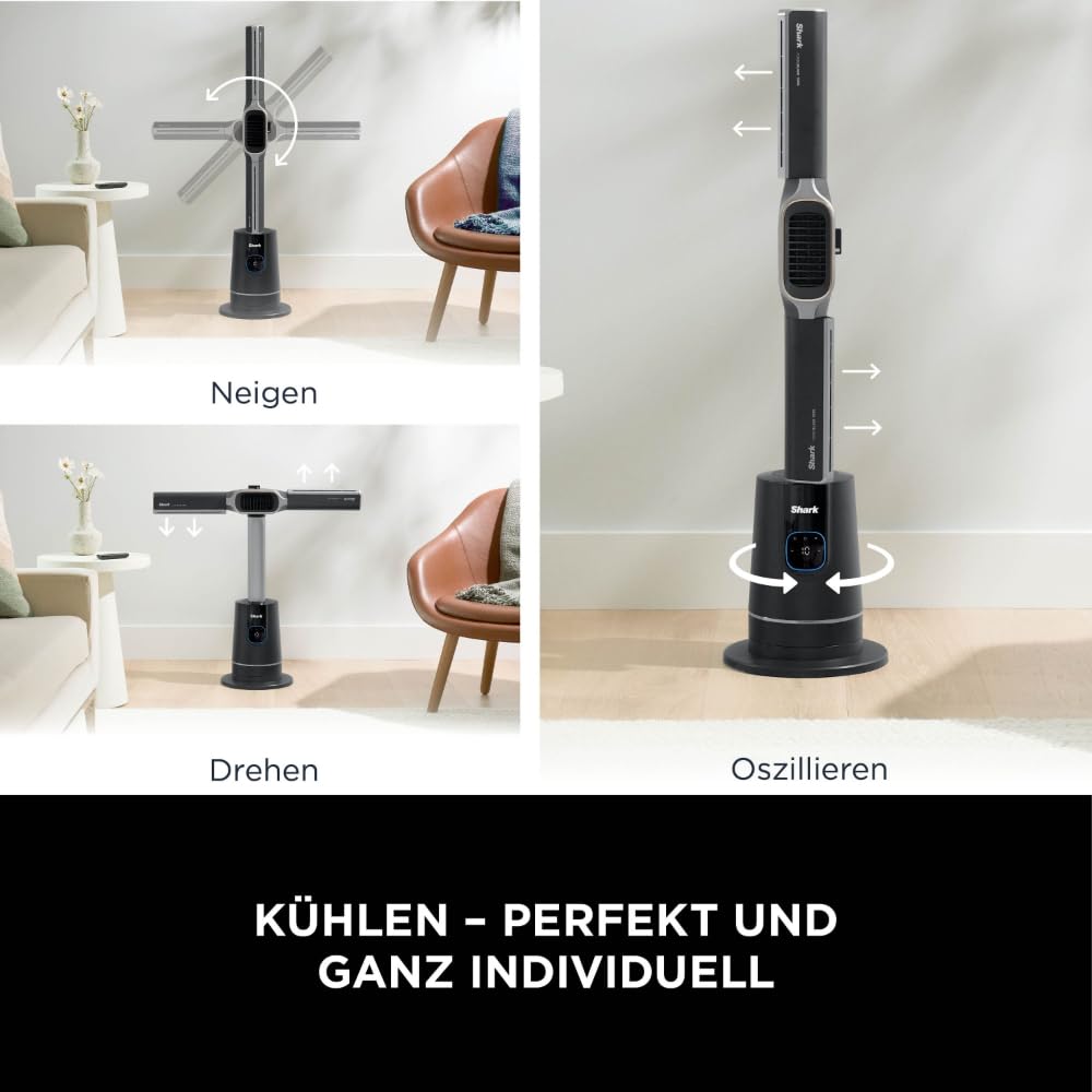 Shark TurboBlade Cool + Heat 2-in-1 Ventilator & Heizlüfter mit Thermo IQ, Fernbedienung & Oszillation | Flügelloser Turmventilator für Schnellheizung & Luftkühlung, Schwarz-Gold, TH200EU