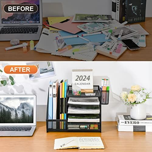Marbrasse Schreibtisch Organizer mit Aktenhalter, 5 Ebenen Papier Briefablage mit Schublade und 2 Stiftehalter,Schreibtisch Netz Ablagefächer Organizer mit für Büro Bedarf (Schwarz)
