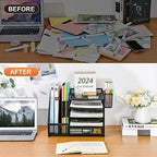Marbrasse Schreibtisch Organizer mit Aktenhalter, 5 Ebenen Papier Briefablage mit Schublade und 2 Stiftehalter,Schreibtisch Netz Ablagefächer Organizer mit für Büro Bedarf (Schwarz)
