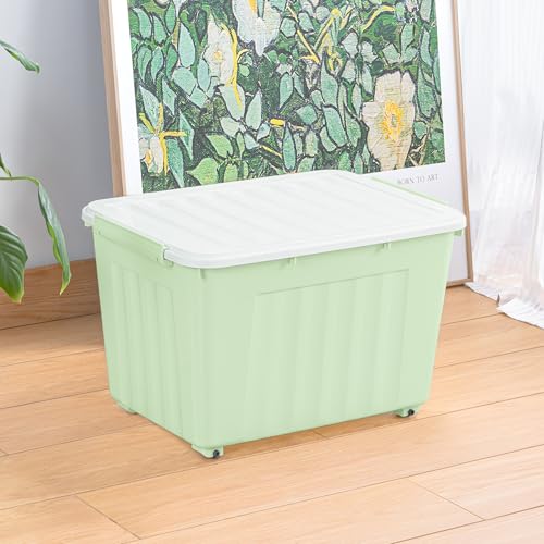 Cetomo 55L*4 Aufbewahrungsboxen, Rillen-verstärkte Kunststoffboxen mit Rollen & Deckeln, Stapelbare Aufbewahrungskiste, Ordnungsboxen für Zuhause und Büro, PP, Grün, 55L (4er Pack)