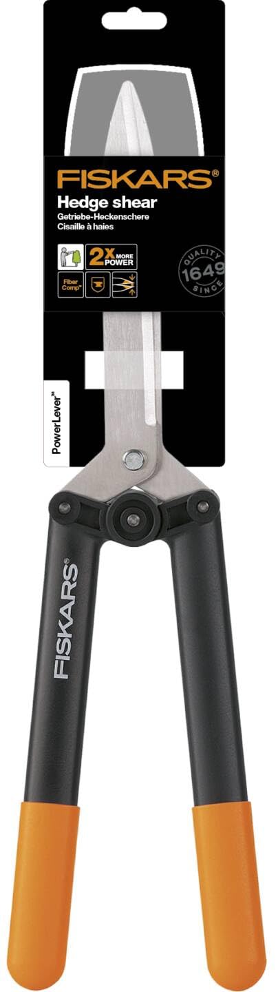Fiskars Getriebe-Heckenschere HS52, Antihaftbeschichtet, Hochwertige Stahlklingen/Glasfaserverstärkter Kunststoff, Länge: 58,5 cm, Schwarz/Orange, Powerlever, 1001564