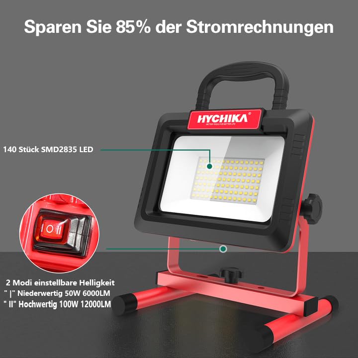 HYCHIKA LED Baustrahler 100W, LED Strahler 12000 LM 6500K, 2 Modes Adjustable Brightness, 360° Degree Rotation Wasserdichtes IP65 Arbeitsleuchter Drehbar, 2 m Kabel mit Stecker für Werkstatt Baustelle