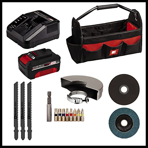 EinhellAkku-Bohrschrauber TE-CD 18/40 + Akkus: Winkelschleifer TC-AG 18/115 Li + Stichsäge TC-JS 18 Li Power X-Change (18 V, inkl. 1x 4,0 Ah Akku, Ladegerät, Zubehör, Tasche)