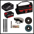 EinhellAkku-Bohrschrauber TE-CD 18/40 + Akkus: Winkelschleifer TC-AG 18/115 Li + Stichsäge TC-JS 18 Li Power X-Change (18 V, inkl. 1x 4,0 Ah Akku, Ladegerät, Zubehör, Tasche)