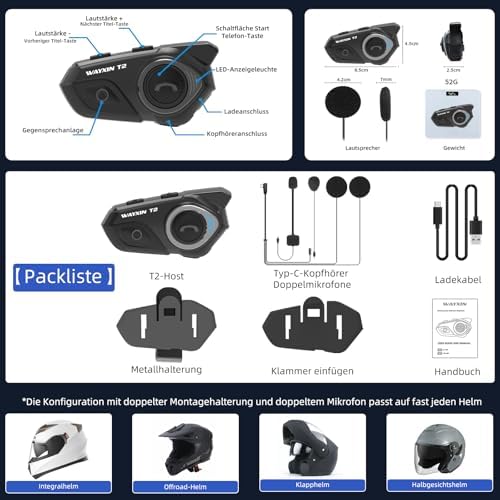 WAYXIN T2 Motorrad Headset mit Gegensprechanlage,Helm Kommunikationssystem für 2 Personen in Reichweite von 300m, mit Sprachassistent, Wasserdicht Freisprecheinrichtung,Musikanrufsteuerung(1pc)