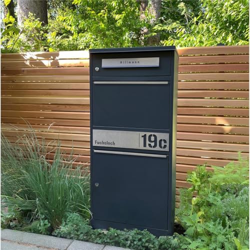 Metzler Paketbox, Briefkasten mit großem Paketfach in Anthrazit, personalisierte Paketbox für draußen, Standbriefkasten mit Paketfach, Paketkasten, Postbox mit Gravur, rostfrei und massiv - Bispo 2