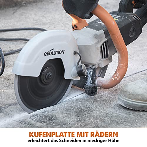 Evolution R230DCT Betonsäge Elektrische Steinsäge 2000W Steinschneidemaschine 230 mm Scheibendurchmesser Sägeblatt Diamantblatt Trennscheibe, 90 mm Schnitttiefe schneidet Mauerwerk Gehwegplatten Beton