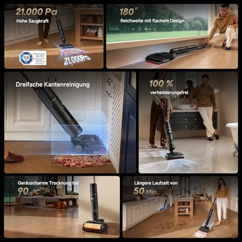 dreame H15S Nass- und Trockensauger, 3-fache Kantenreinigung, KI-Roboterarm, 21.000 Pa Saugkraft, verhedderungsfrei, 90 °C Bürstenreinigung, leise 90 °C Trocknung, flaches 180°-Design, App-Steuerung