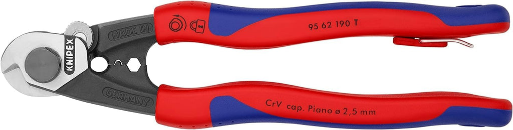 KNIPEX Drahtseilschere geschmiedet mit Mehrkomponenten-Hüllen, mit integrierter Befestigungsöse zum Anbringen einer Absturzsicherung 190, 95 62 190 T