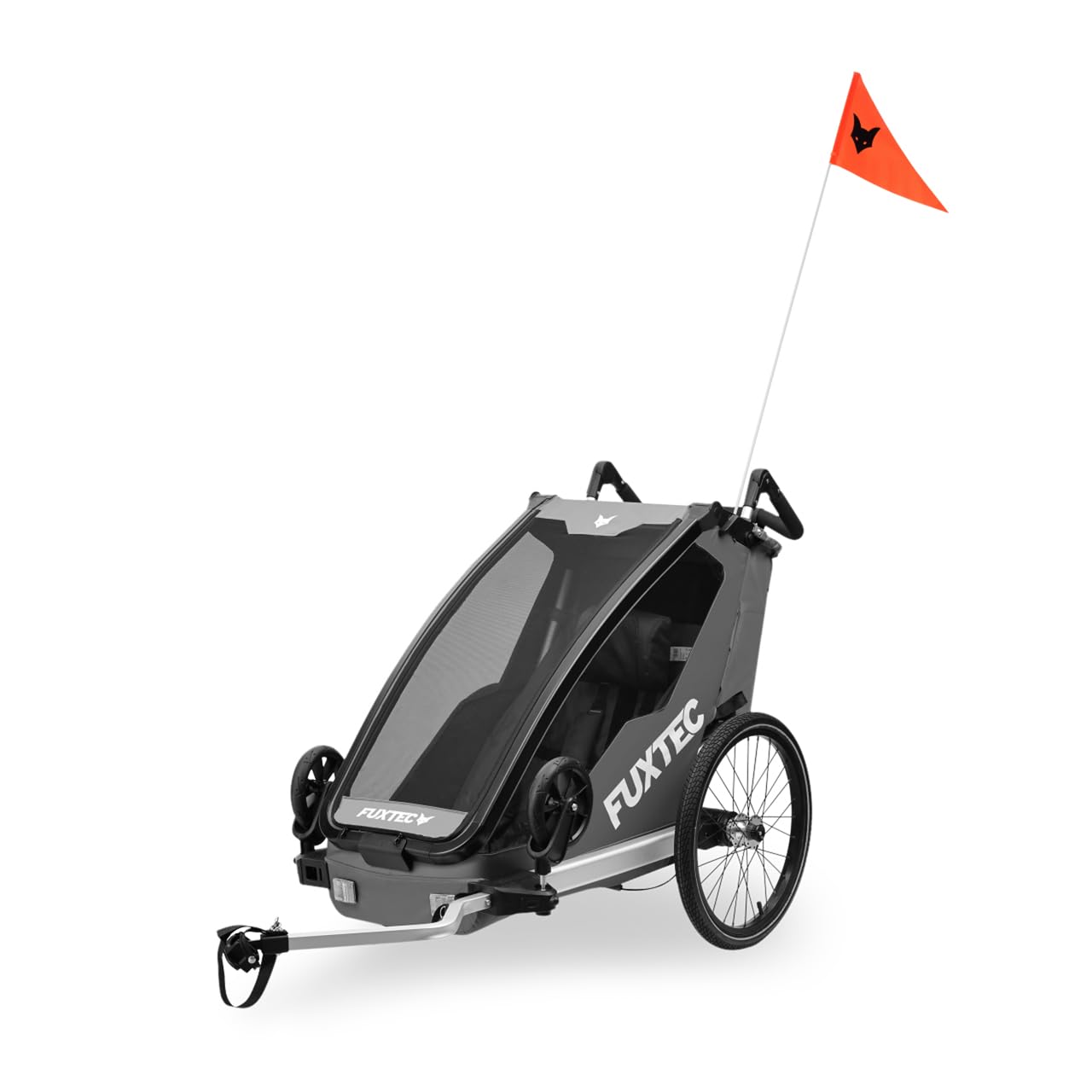 FUXTEC Kinderfahrradanhänger FX-FA1S, EIN-Sitzer faltbar mit Schiebegriff und Regenschutz, integrierter Anschnallgurt und Handgelenksband, max. Zuladung 35kg, inkl. Kupplung und Sicherheitsfahne