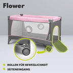 Lionelo Flower 4in1 Reisebett Baby mit Seiteneingang, Wickeltisch, Zwei Matratzenaufhängungshöhen, Spielzeugbogen mit Spielfiguren, Rollen, Tragetasche