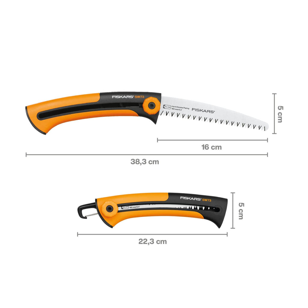 Fiskars Handsäge für frisches Holz, Grobzahnung, Sägeblattlänge: 16 cm, Einziehbar, Rostfreies Stahl-Sägeblatt, Schwarz/Orange, Xtract, SW73, Länge: 35 cm, 1000613