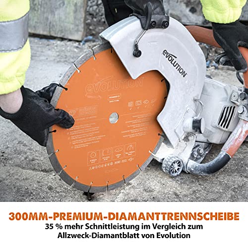 Evolution R300DCT+ Betonsäge Elektrische Steinsäge 2400W Nass-/Trocken Steinschneidemaschine Staubfreies Schneiden mit Staubunterdrückung 300 mm Scheibendurchmesser Sägeblatt, 115 mm Schnitttiefe
