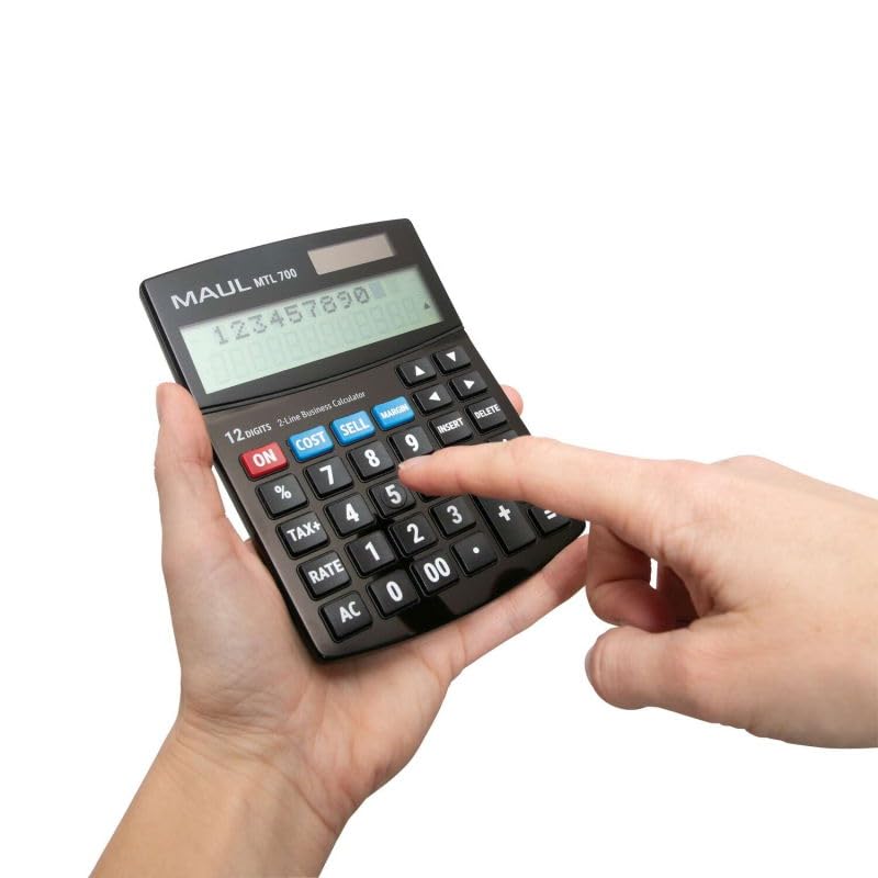 MAUL Taschenrechner MTL 700 | Kaufmännischer Tischrechner für Büro | Taschenrechner zweizeilig mit 12-Stellen Display | inkl. Steuerrechnung und Korrekturfunktion | Solar/Batterie | Schwarz