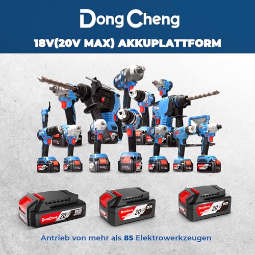 DongCheng Akku-Winkelschleifer 18V, Ø 125mm, 1000W, bürstenloser Motor, 3 Drehzahlstufen, Schnellspannschutz, Anti-Vibrationsgriff, inkl. 2 Schleif-, 2 Fächer-, 2 Trennscheiben, 4.0Ah Akku & Ladegerät