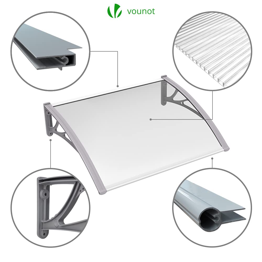 VOUNOT Vordach für Haustür 120 x 80 cm, Überdachung Haustür aus Aluminium und Polycarbonat, Transparentes Pultbogenvordach, Pultvordach, Grau