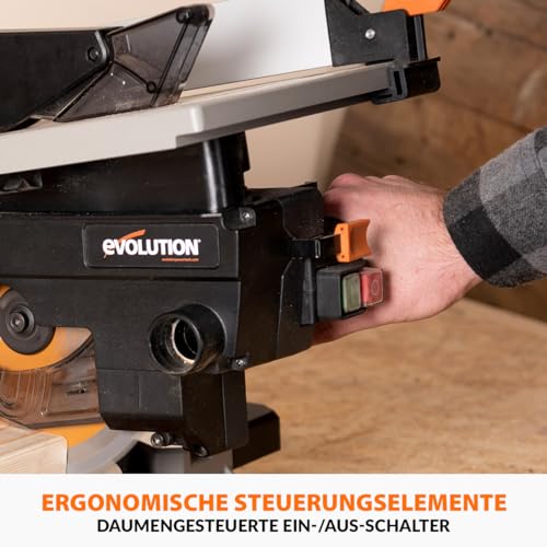 Evolution Power Tools R210MTS-G2 Vielseitige Kapp- und Tischsäge, kompakt, multifunktional, schneidet verschiedene Materialien, TCT-Sägeblatt für Holz, Kunststoff und Metall, 210mm