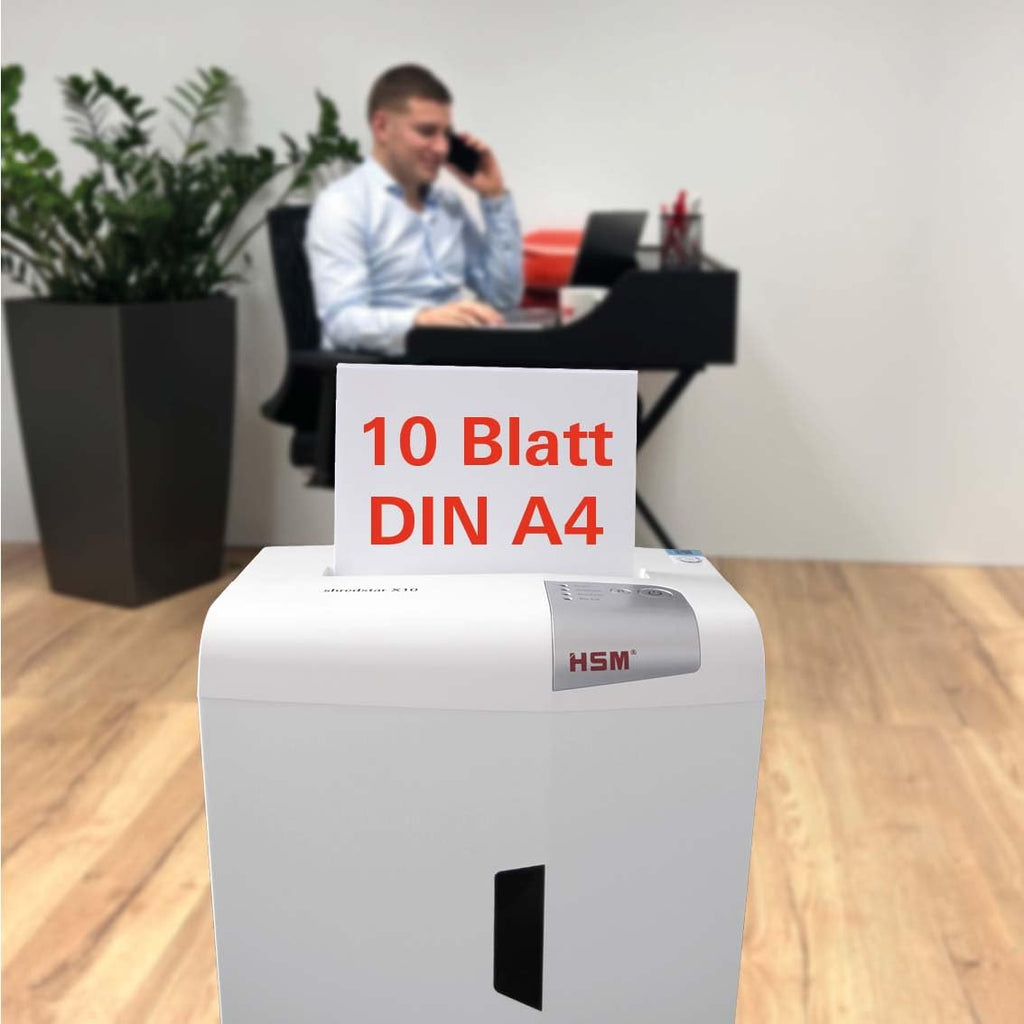 HSM shredstar X10 Aktenvernichter I Partikelschnitt 4,5x30mm I Sicherheitsstufe P-4 I Leiser Home Office Schredder für Papier, CDs, DVDs, Kreditkarten I 20l Auffangbehälter I Papierschredder 10 Blatt