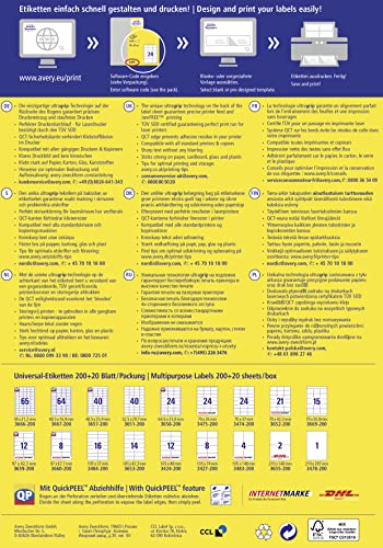 AVERY Zweckform 3478-200 Universal Etiketten (200 plus 20 Klebeetiketten extra, 210x297mm auf A4, bedruckbare Versandetiketten, selbstklebende Versandaufkleber mit ultragrip) 220 Blatt, weiß