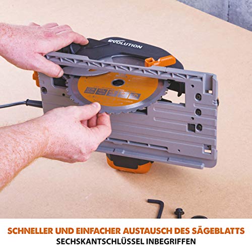 Evolution Handkreissäge R185CCSX Kreissäge Tauchsäge 1600W Inkl. Ø 185 mm HM-Sägeblatt Multi-Material-Schneiden Holz, Aluminium, Stahl, Kunststoff | Mit 3-teiliger 1020mm Mini-Schiene Führungsschiene