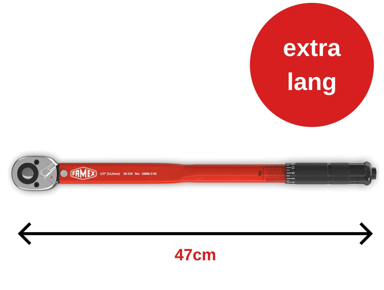 FAMEX 10886-3-RS Drehmomentschlüssel 1/2" (12,5mm) - 30-210 Nm - Schoneinsätze aus Chrom-Molybdän-Stahl - schlagfest - inkl. Verlängerung Adapter - für Auto, Motorrad, Van