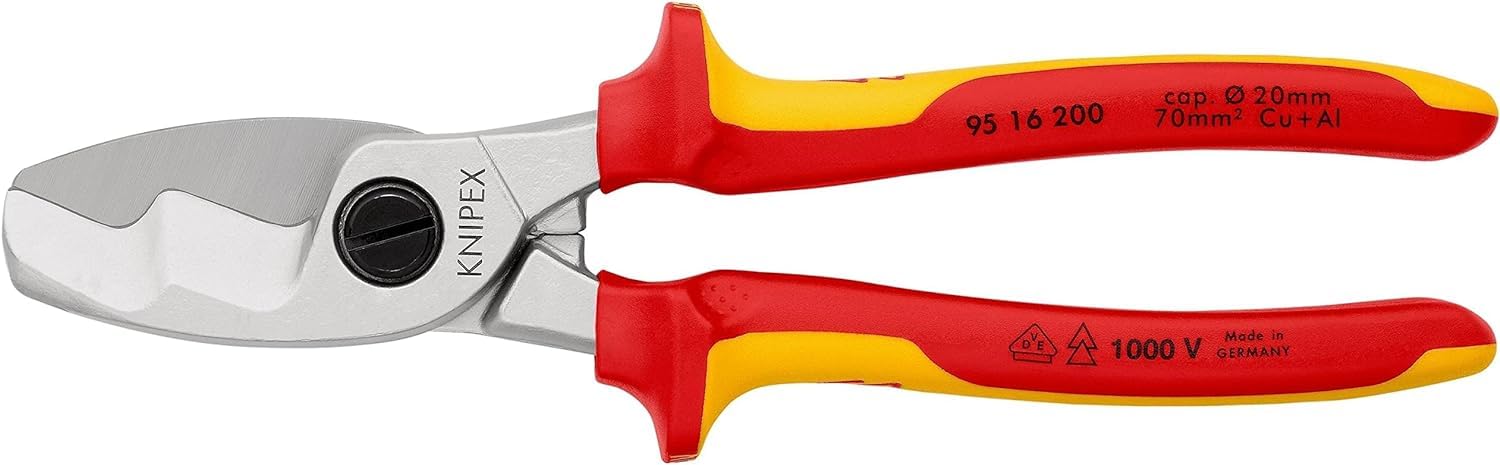 KNIPEX Kabelschere mit Doppelschneide auf SB-Karte verchromt isoliert mit Mehrkomponenten-Hüllen, VDE-geprüft 200 mm, 95 16 200 SB