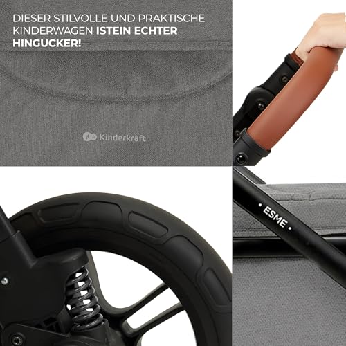 Kinderkraft ESME Kinderwagen 3 in 1 komplettset bis 26 kg, Kombikinderwagen reisesysteme mit Babyschale I-size 40-75 cm, Zusammenklappen, Liegeposition, Grau