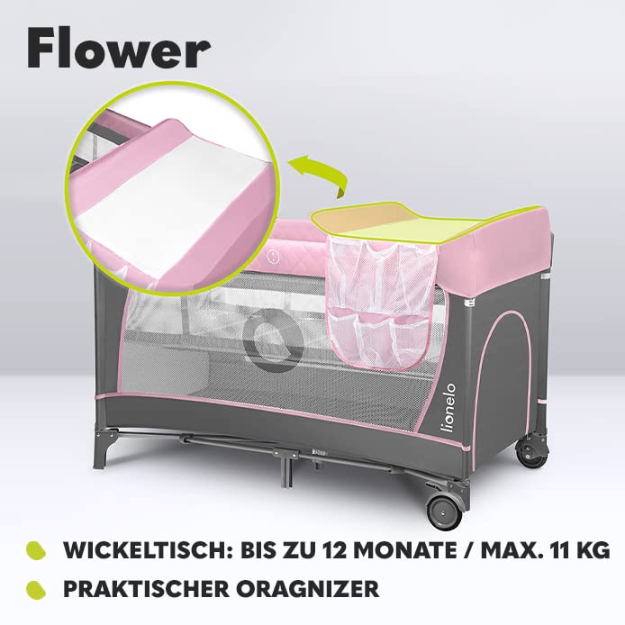 Lionelo Flower 4in1 Reisebett Baby mit Seiteneingang, Wickeltisch, Zwei Matratzenaufhängungshöhen, Spielzeugbogen mit Spielfiguren, Rollen, Tragetasche