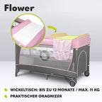 Lionelo Flower 4in1 Reisebett Baby mit Seiteneingang, Wickeltisch, Zwei Matratzenaufhängungshöhen, Spielzeugbogen mit Spielfiguren, Rollen, Tragetasche