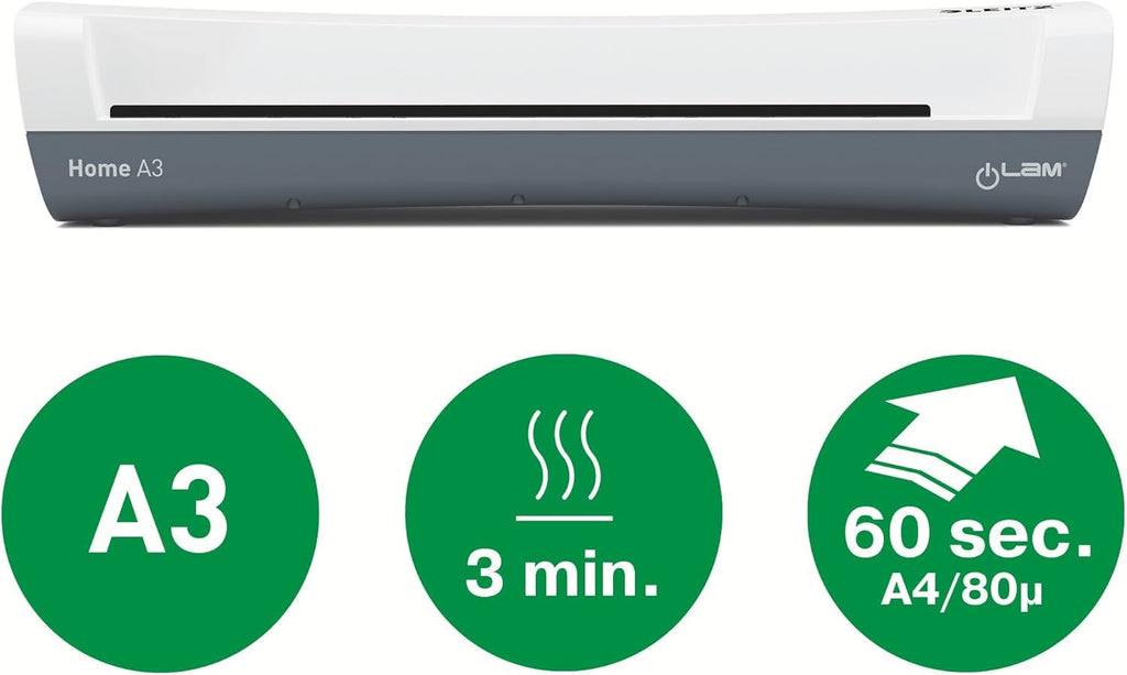 Leitz iLAM Home A3 Laminiergerät, Für 75 bis 125 mic Laminierfolien, 3 Minuten Aufwärmzeit, Inkl. Starterkit mit 5 Folien, Ideal für den Einsatz Zuhause, Home Office & Schule, Weiß, 74320001