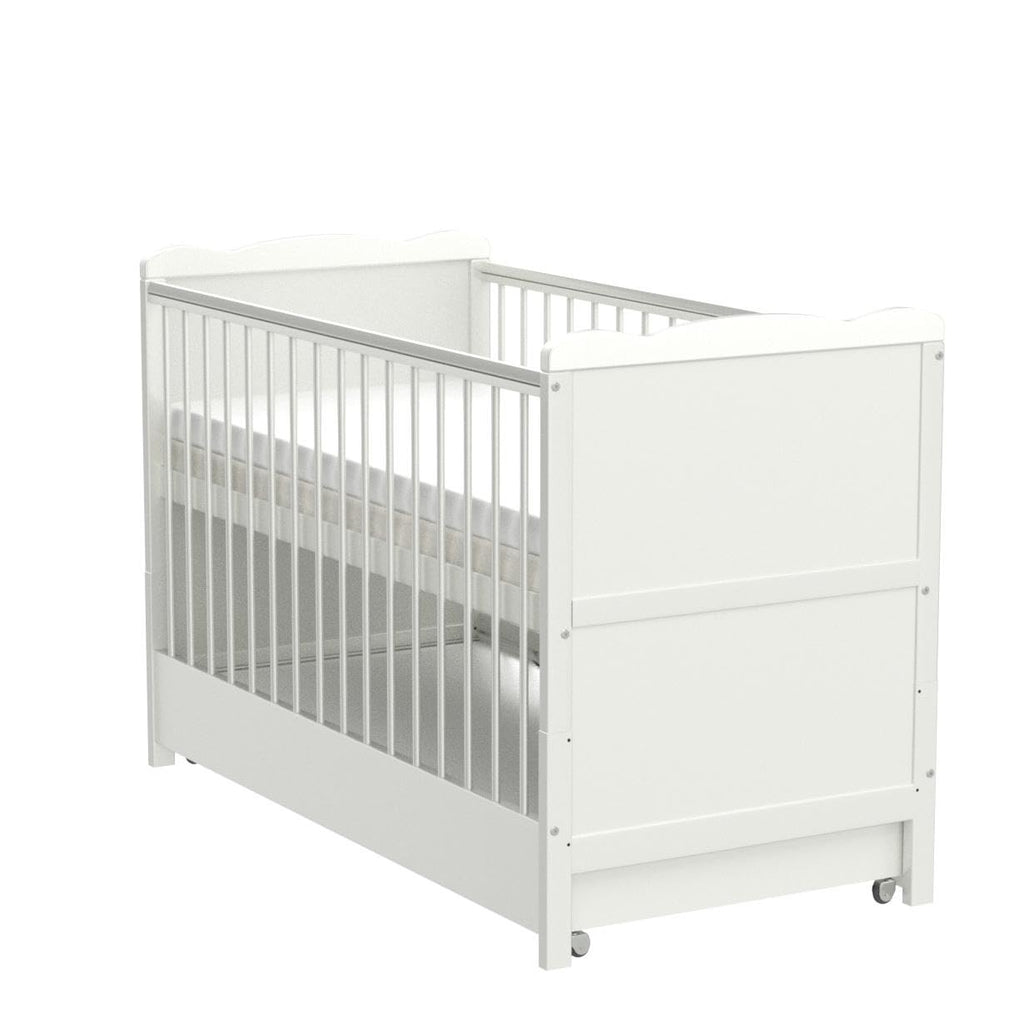 Marsell Baby Gitterbett mit Schublade mit Deckel Babybett Kinderbett mit Aloe Vera Schaumstoffmatratze Zahnschienen höhenverstellbar Weiß umbaubar zum Juniorbett