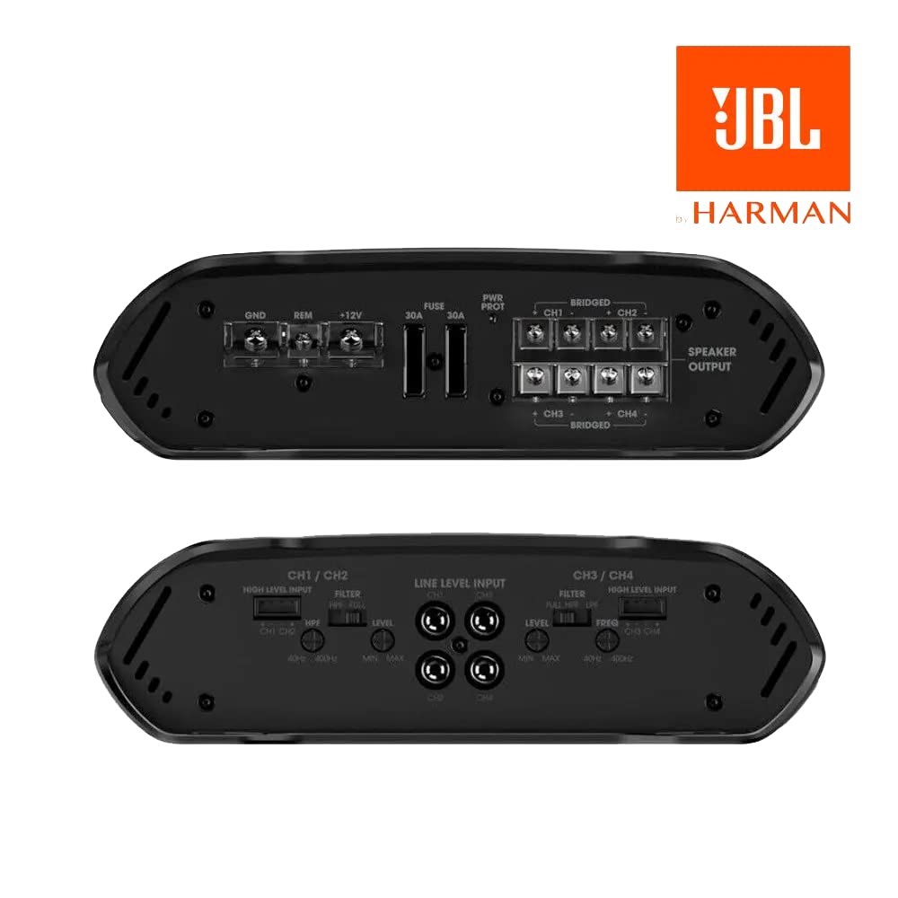 JBL Concert A704 4-Kanal Auto Verstärker 90W RMS×4 an 2Ω, 70W RMS×4 an 4Ω und 180W RMS×2 gebrückt, 1000W Peak, variablen 32–320Hz Filtern, High/Low Level Eingängen und kompakter Bauform für Fahrzeuge