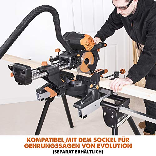 Evolution Doppelgehrungssäge Schiebe-Kapp- und Gehrungssäge R255SMS-DB+ | 2000 W, 300 mm Gleitfunktionalität, Schrägschnitt, Gehrungswinkeln | Ø 255 mm HM / TCT Sägeblatt für Multimaterialschnitt