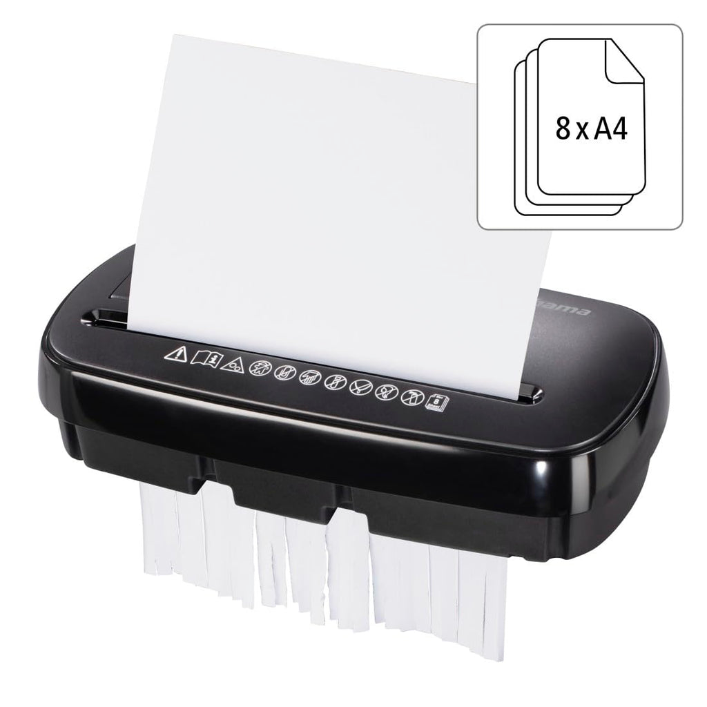 Hama Aktenvernichter Einzug Aktenvernichter professionell Home Office (Streifenschnitt, Schredder, elektrisch, 8 Blatt Papier, CDs, Kunststoff Schredder, 11 Liter Papierkorb, Sicherheitsstufe 2 DSGVO)