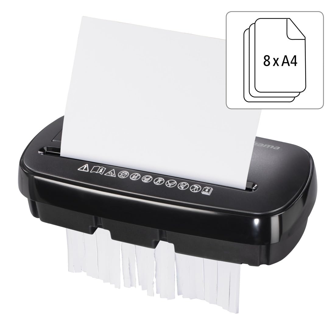 Hama Aktenvernichter Einzug Aktenvernichter professionell Home Office (Streifenschnitt, Schredder, elektrisch, 8 Blatt Papier, CDs, Kunststoff Schredder, 11 Liter Papierkorb, Sicherheitsstufe 2 DSGVO)