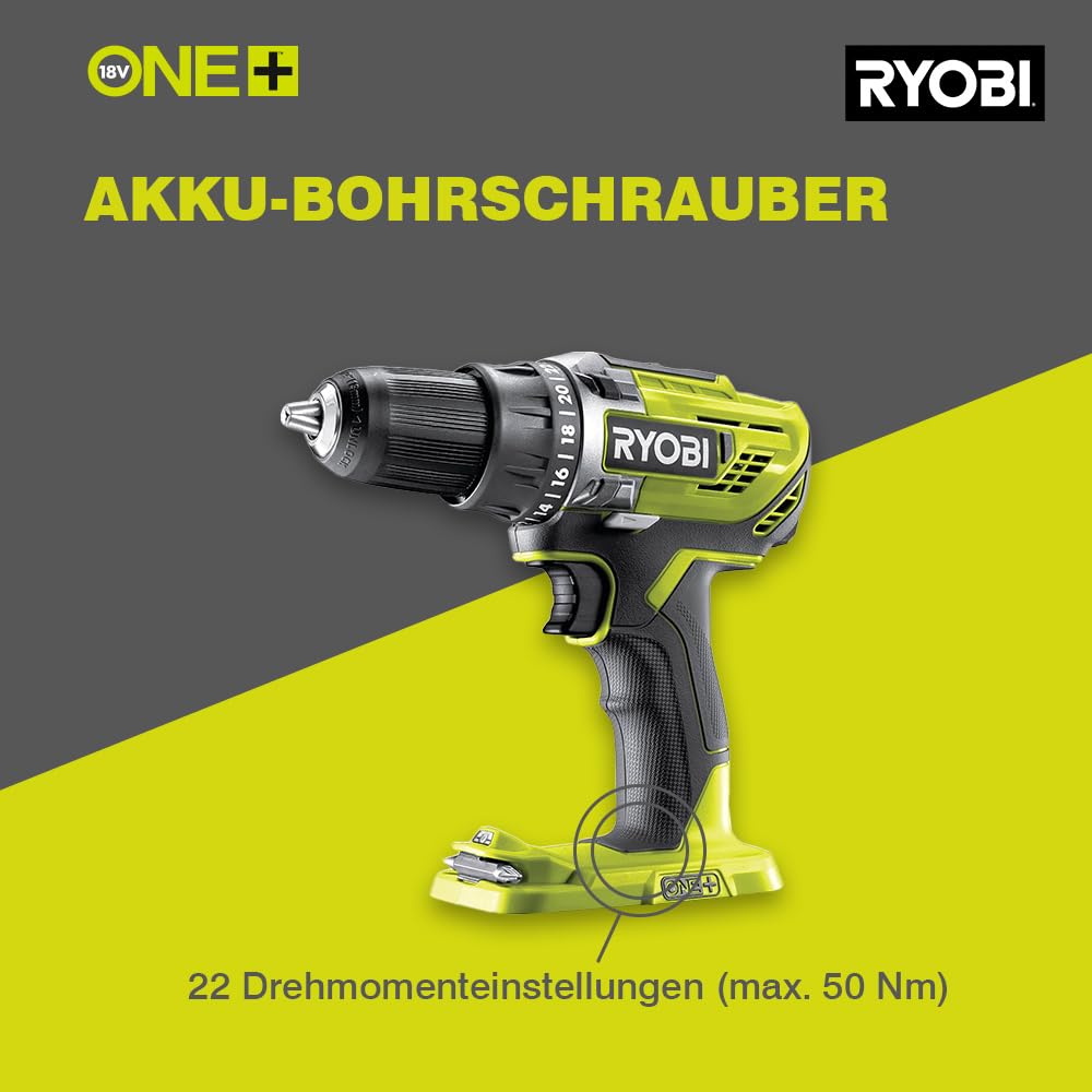 RYOBI 18 V ONE+ Akku-Bohrschrauber R18DD3-215S, 2-Gang-Getriebe, 13 mm Schnellspannbohrfutter, inkl. 2 x 1,5 Ah Akku und Ladegerät